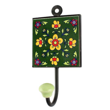 Forest Green Floral Ceramic Tile Hook